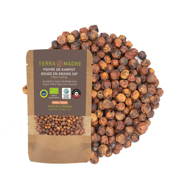 Organic and PGI red Kampot peppercorns
