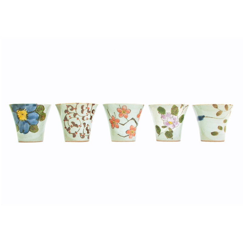 Yunomi Hana Tea Cup - Flower design - Stoneware - Set of 5 - 140 ml