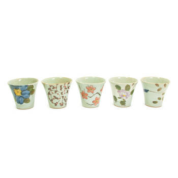 Yunomi Hana Tea Cup - Flower design - Stoneware - Set of 5 - 140 ml