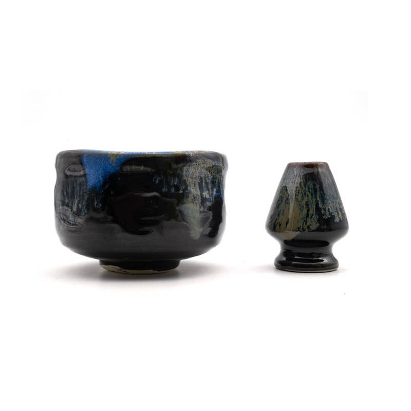 Bol à matcha + repose fouet - Naochi bleu et noir - Céramique