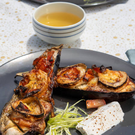 Grilled eggplant with goat cheese