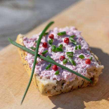 Tartine de rillettes de radis et baies roses
			                    