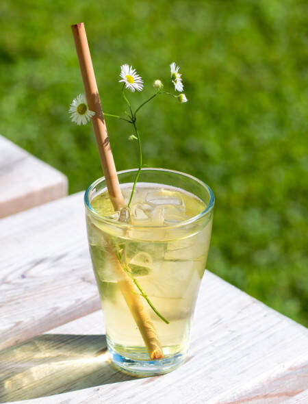 Verre de thé glacé à base de thé vert pêche melba
				                    